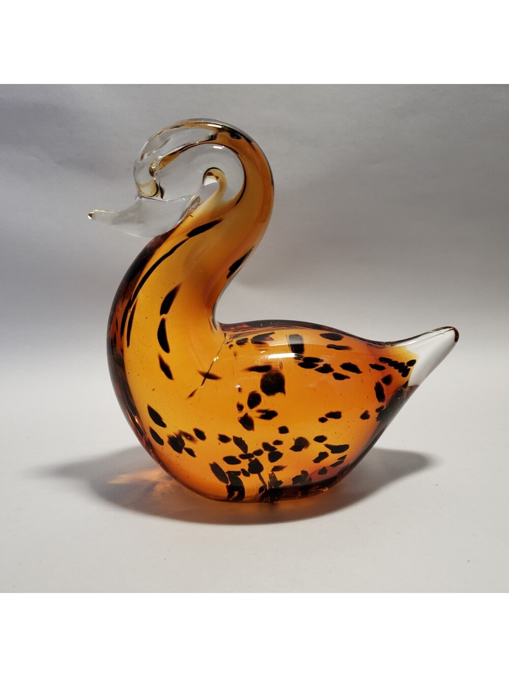 Murano Style Art Glass Duck Amber with Black Dots Polished Bottom